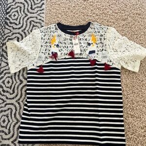 Anthropologie Striped Lace Top With Bird Details